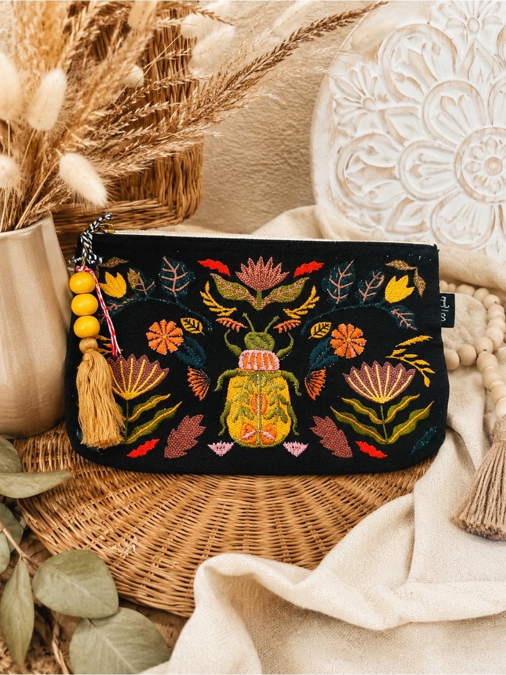 Danica Studio Black Embroidered Beetle Floral Clutch Pouch
